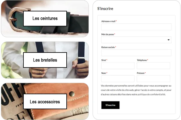 Catalogue et création de compte professionnel sur le site Ceintures Yves