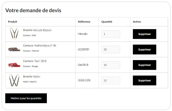 Système de demandes de devis du site Ceintures Yves